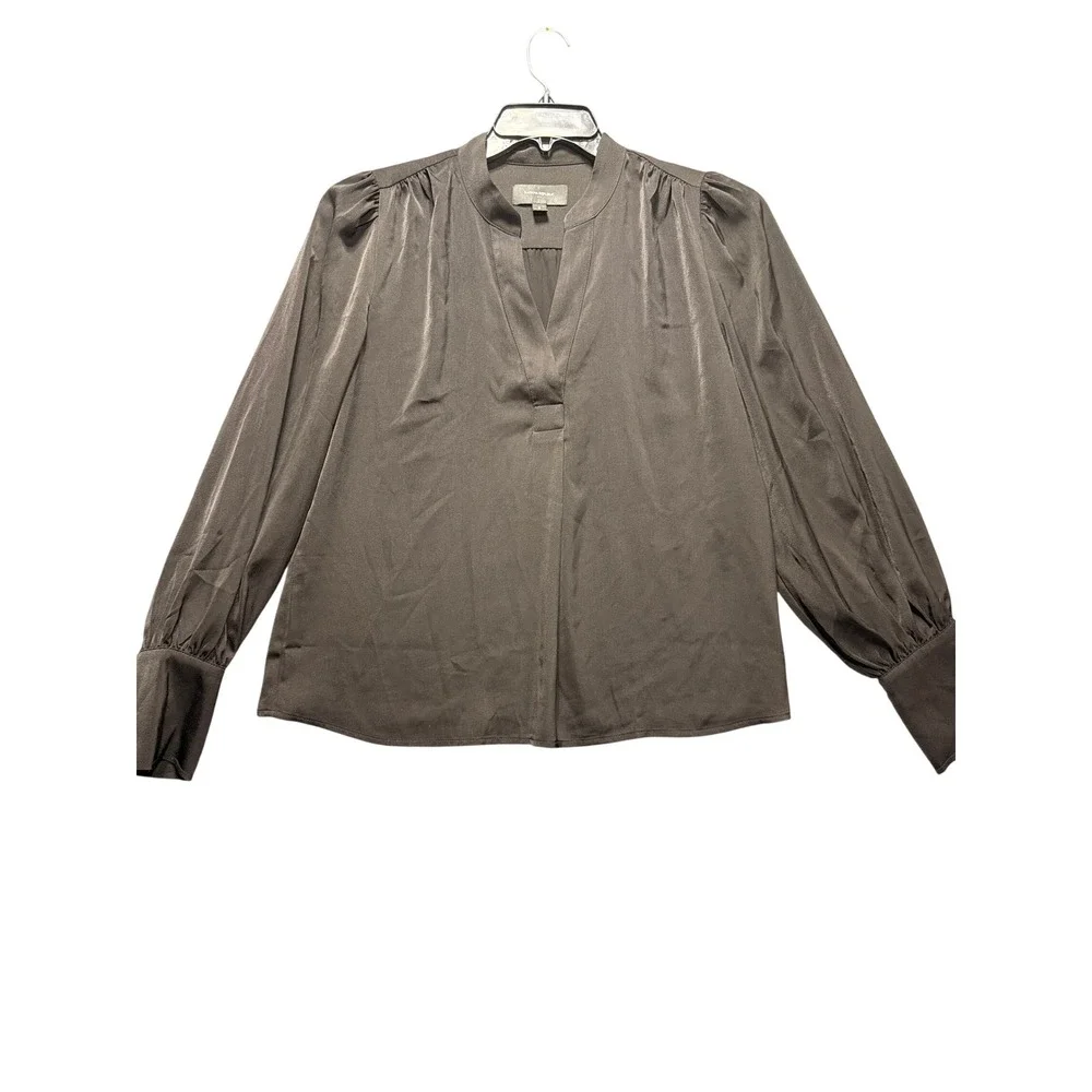 Banana Republic Blouse Women Small Black V-Neck Long Sleeve Satin Luster